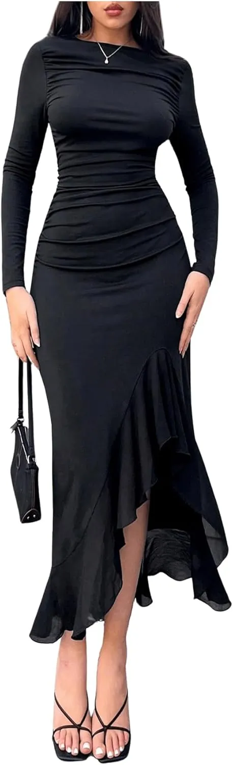 GORGLITTER Women's Ruched Long Sleeve Bodycon Maxi Dress Boat Neck Ruffle Asymmetrical Party Dresses