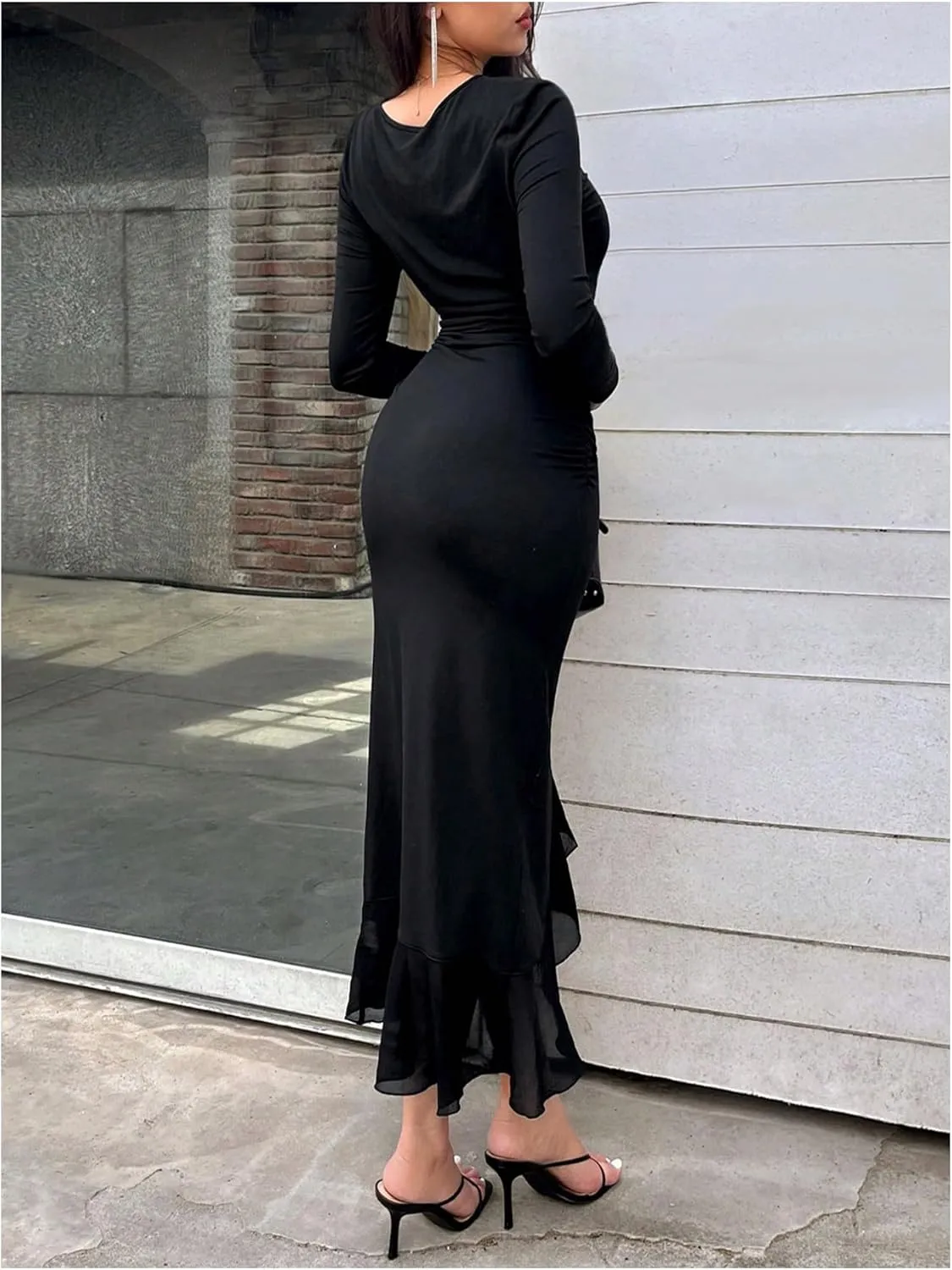 GORGLITTER Women's Ruched Long Sleeve Bodycon Maxi Dress Boat Neck Ruffle Asymmetrical Party Dresses