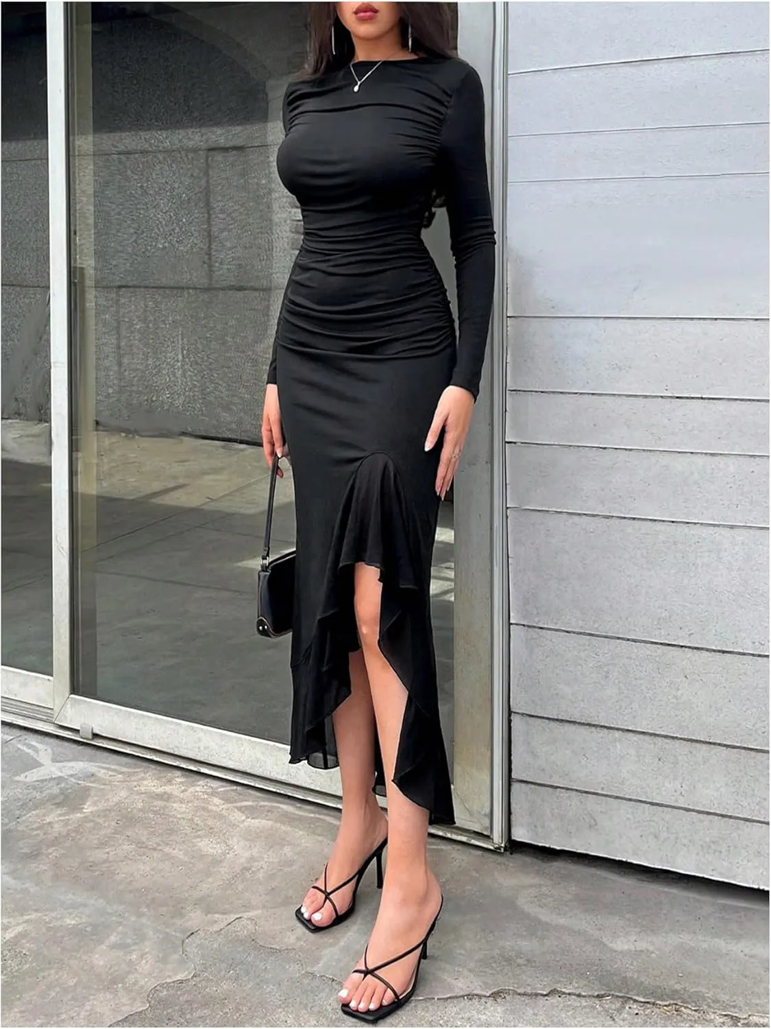 GORGLITTER Women's Ruched Long Sleeve Bodycon Maxi Dress Boat Neck Ruffle Asymmetrical Party Dresses