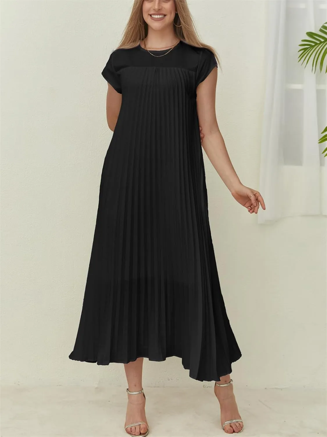 HOULENGS Women's 2025 Casual Short Sleeve Pleated Maxi Dress Loose Fit Crewneck Flowy Long Dress with Pockets