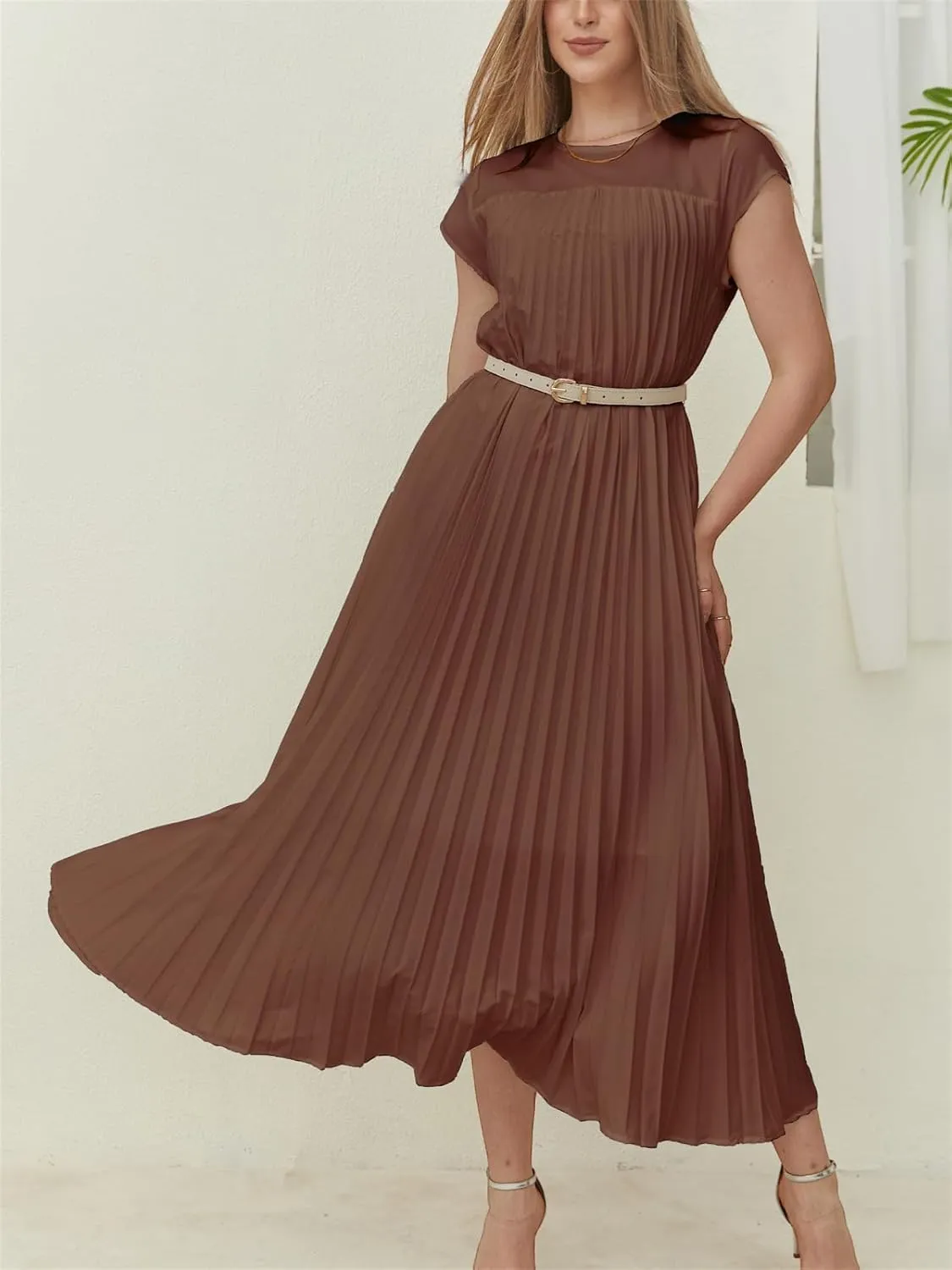 HOULENGS Women's 2025 Casual Short Sleeve Pleated Maxi Dress Loose Fit Crewneck Flowy Long Dress with Pockets