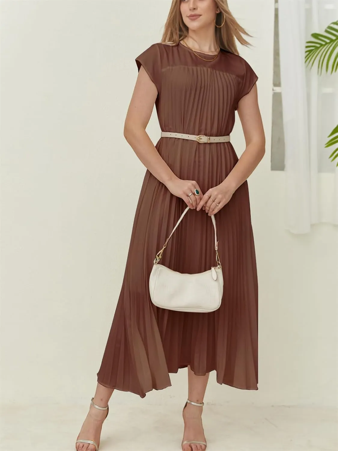 HOULENGS Women's 2025 Casual Short Sleeve Pleated Maxi Dress Loose Fit Crewneck Flowy Long Dress with Pockets