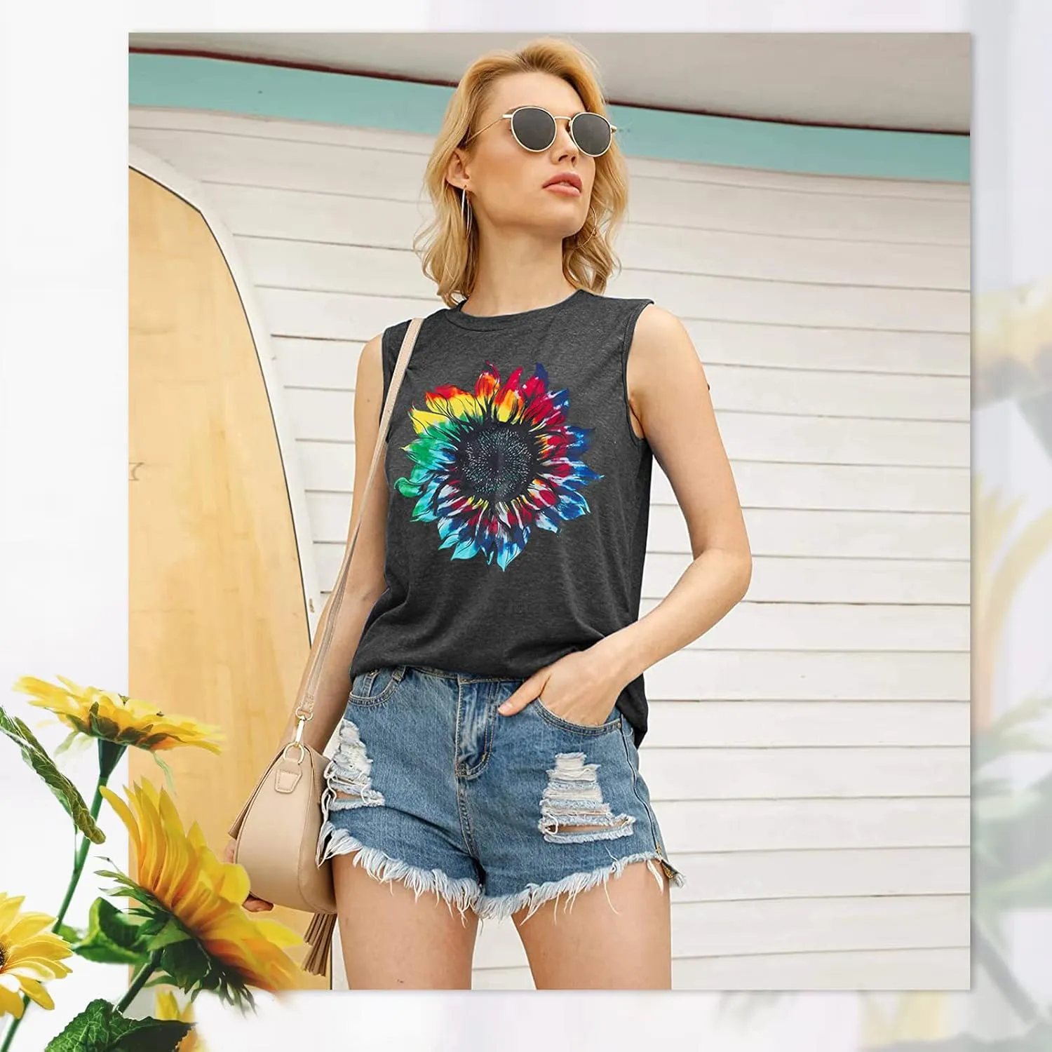 JINTING Summer Sunflower Graphic Tank Tops for Women Graphic Tank Tops Sleeveless Graphic Tee Shirts Boho Tank Tops