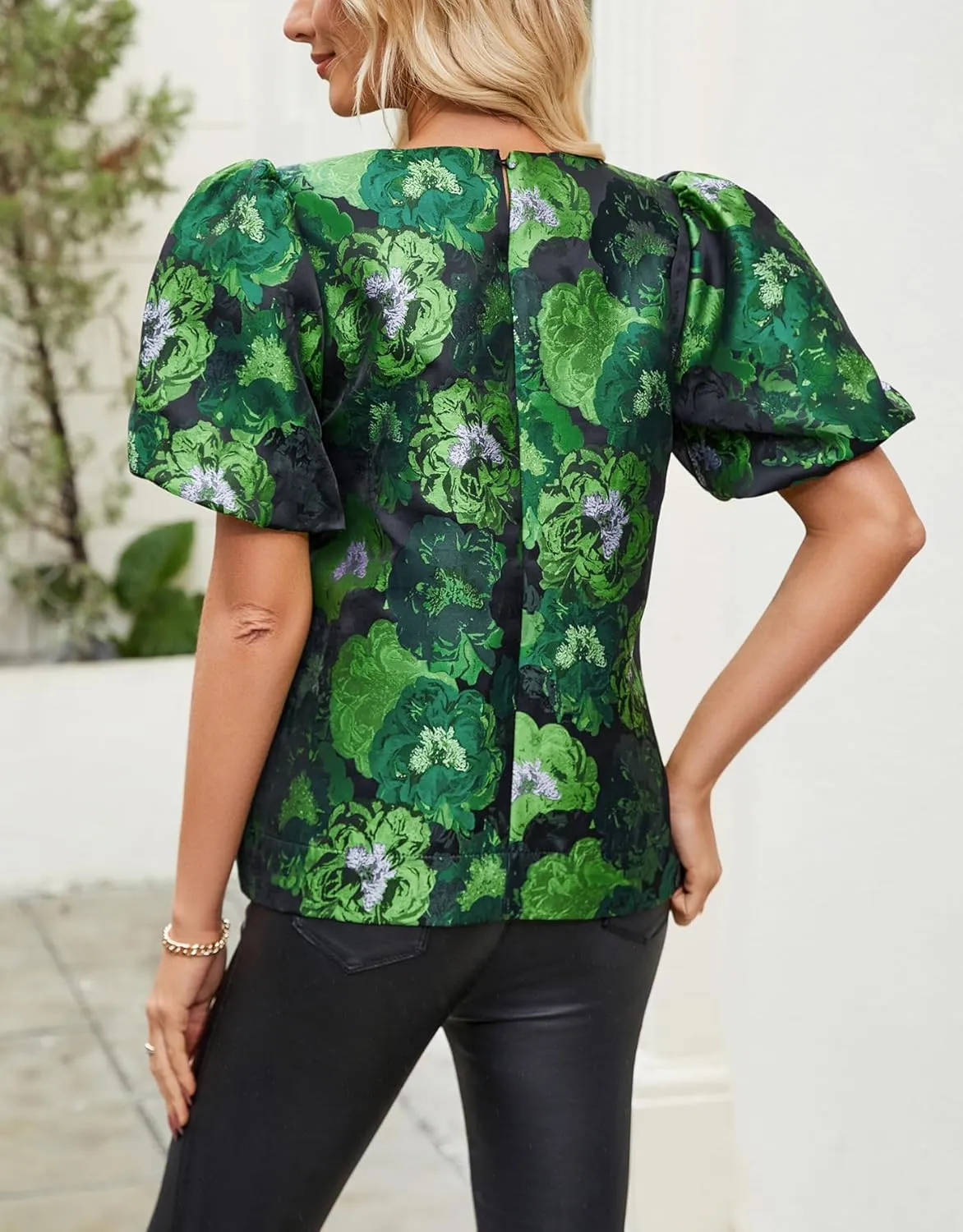 Kedera Women's Floral Jacquard Shirt Crewneck Puff Sleeve Blouse Elegant Work Shift Tops