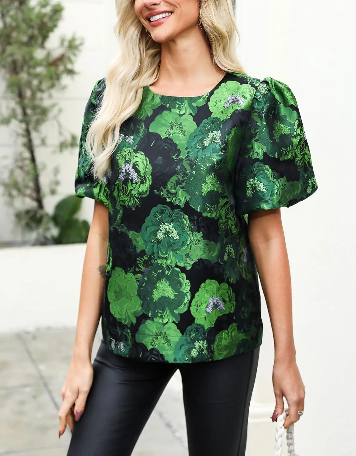 Kedera Women's Floral Jacquard Shirt Crewneck Puff Sleeve Blouse Elegant Work Shift Tops