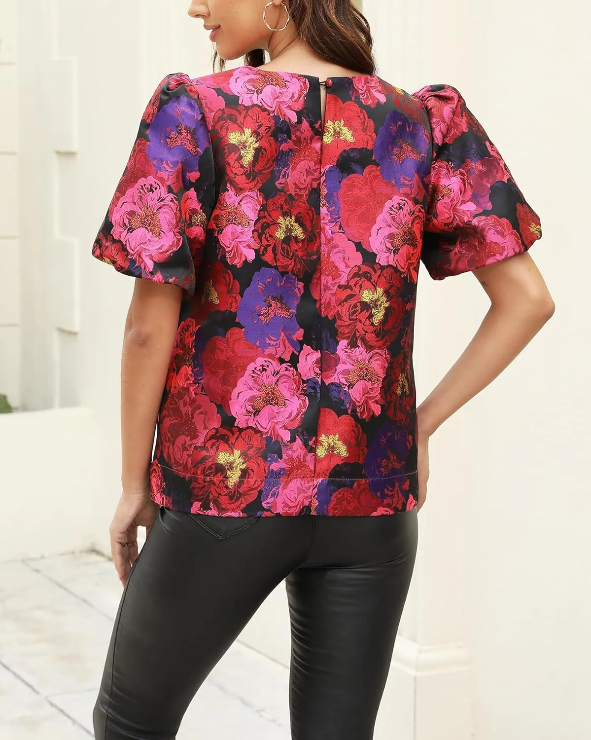 Kedera Women's Floral Jacquard Shirt Crewneck Puff Sleeve Blouse Elegant Work Shift Tops