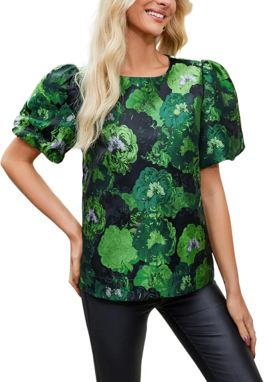 Kedera Women's Floral Jacquard Shirt Crewneck Puff Sleeve Blouse Elegant Work Shift Tops