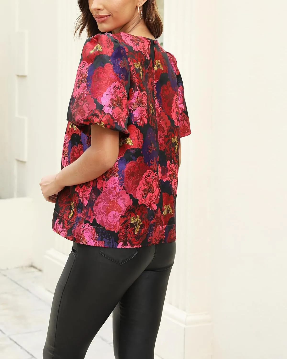 Kedera Women's Floral Jacquard Shirt Crewneck Puff Sleeve Blouse Elegant Work Shift Tops