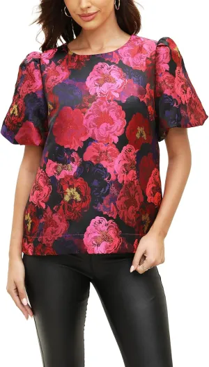 Kedera Women's Floral Jacquard Shirt Crewneck Puff Sleeve Blouse Elegant Work Shift Tops