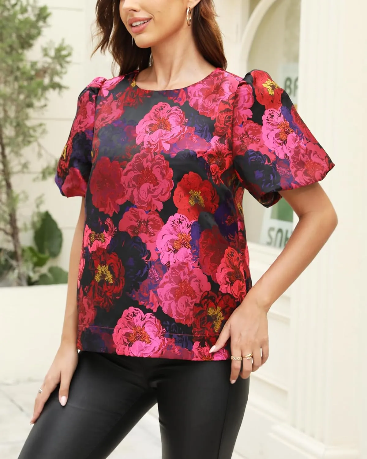 Kedera Women's Floral Jacquard Shirt Crewneck Puff Sleeve Blouse Elegant Work Shift Tops