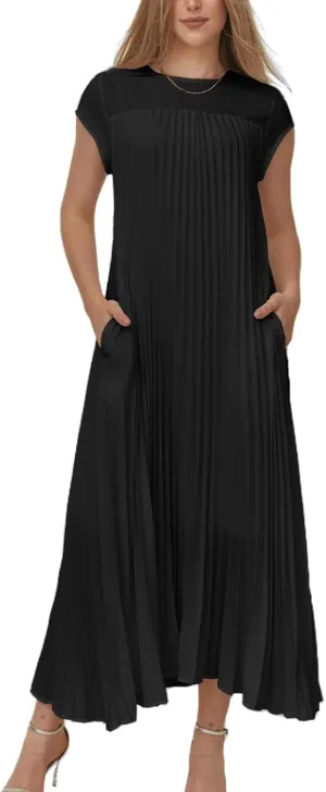 KEOMUD Women Summer Pleated Maxi Dress Casual Short Sleeve Crewneck Flowy Swing Long Dress with Pockets