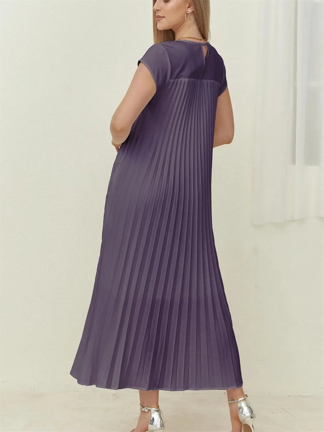 KEOMUD Women Summer Pleated Maxi Dress Casual Short Sleeve Crewneck Flowy Swing Long Dress with Pockets