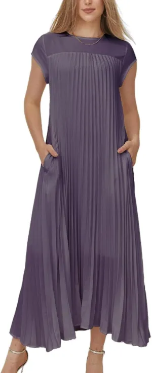 KEOMUD Women Summer Pleated Maxi Dress Casual Short Sleeve Crewneck Flowy Swing Long Dress with Pockets
