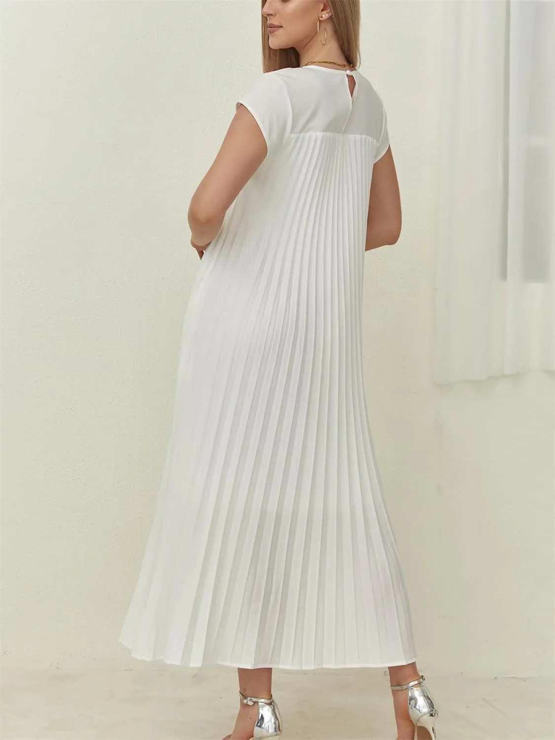 KEOMUD Women Summer Pleated Maxi Dress Casual Short Sleeve Crewneck Flowy Swing Long Dress with Pockets