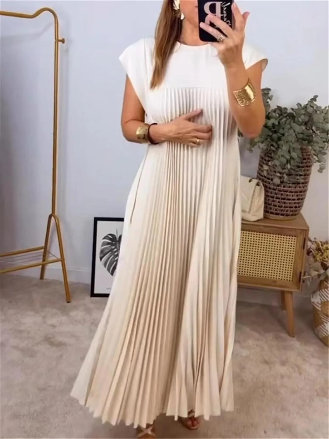 KEOMUD Women Summer Pleated Maxi Dress Casual Short Sleeve Crewneck Flowy Swing Long Dress with Pockets