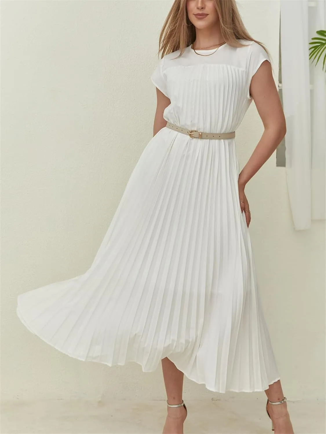 KEOMUD Women Summer Pleated Maxi Dress Casual Short Sleeve Crewneck Flowy Swing Long Dress with Pockets