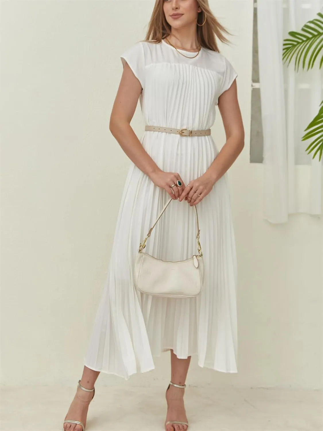 KEOMUD Women Summer Pleated Maxi Dress Casual Short Sleeve Crewneck Flowy Swing Long Dress with Pockets