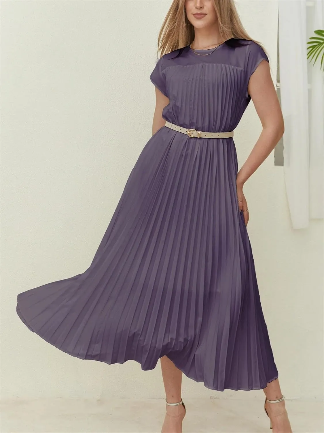 KEOMUD Women Summer Pleated Maxi Dress Casual Short Sleeve Crewneck Flowy Swing Long Dress with Pockets