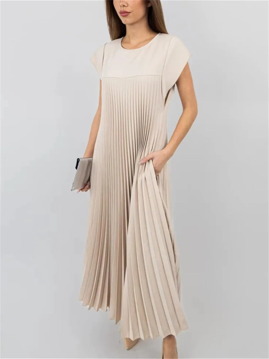 KEOMUD Women Summer Pleated Maxi Dress Casual Short Sleeve Crewneck Flowy Swing Long Dress with Pockets