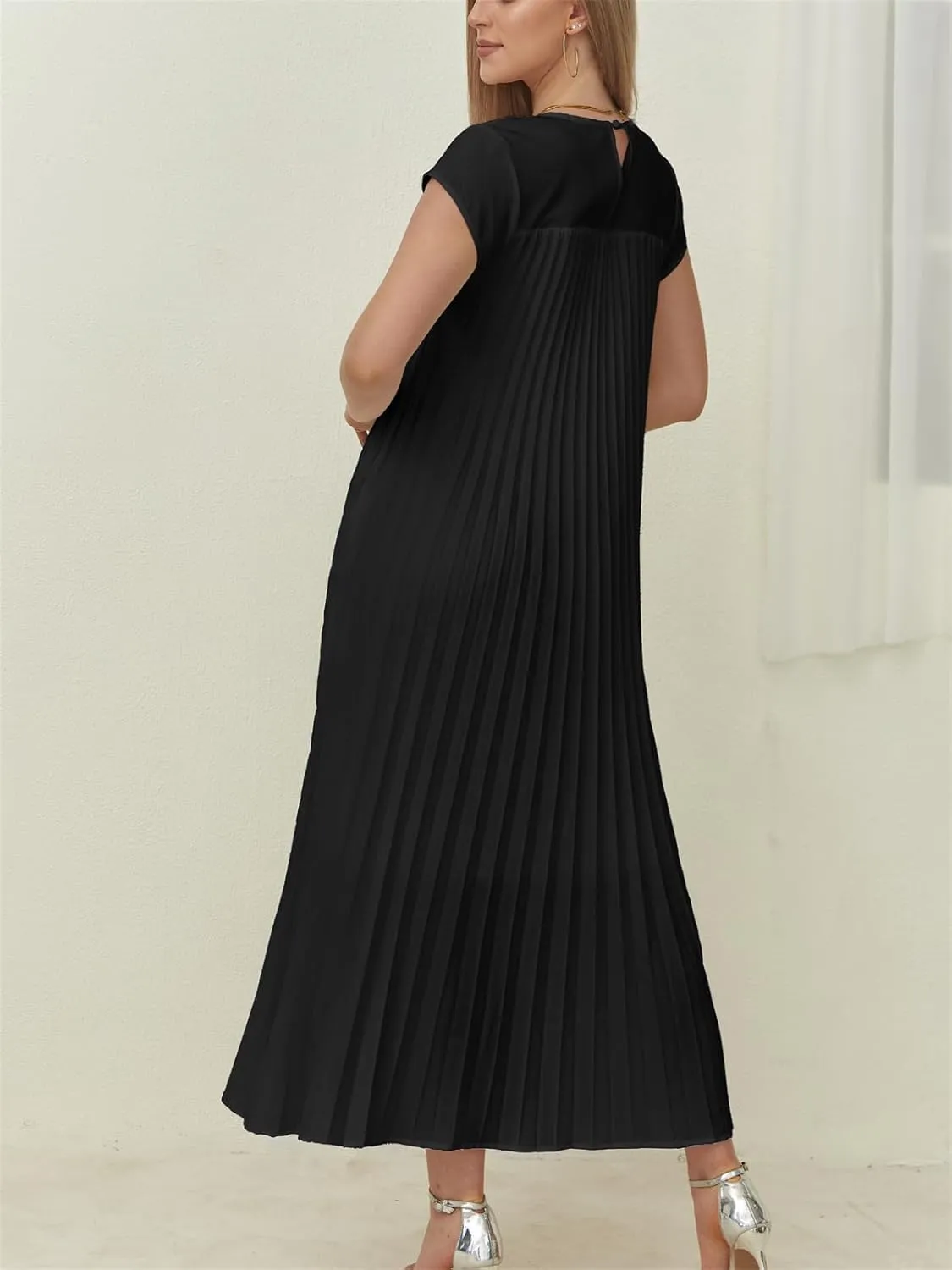 KEOMUD Women Summer Pleated Maxi Dress Casual Short Sleeve Crewneck Flowy Swing Long Dress with Pockets