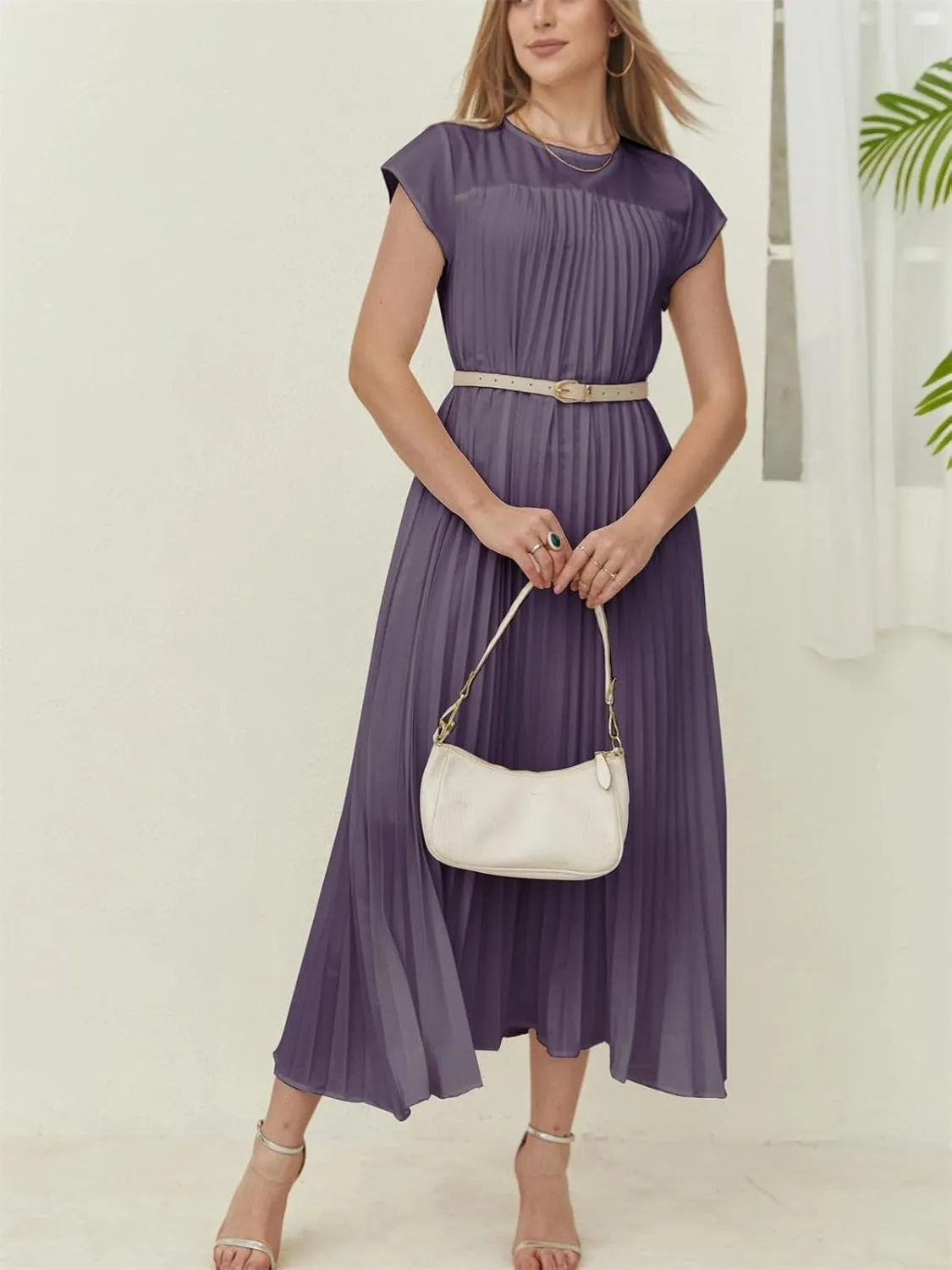 KEOMUD Women Summer Pleated Maxi Dress Casual Short Sleeve Crewneck Flowy Swing Long Dress with Pockets