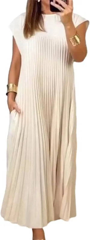 KEOMUD Women Summer Pleated Maxi Dress Casual Short Sleeve Crewneck Flowy Swing Long Dress with Pockets