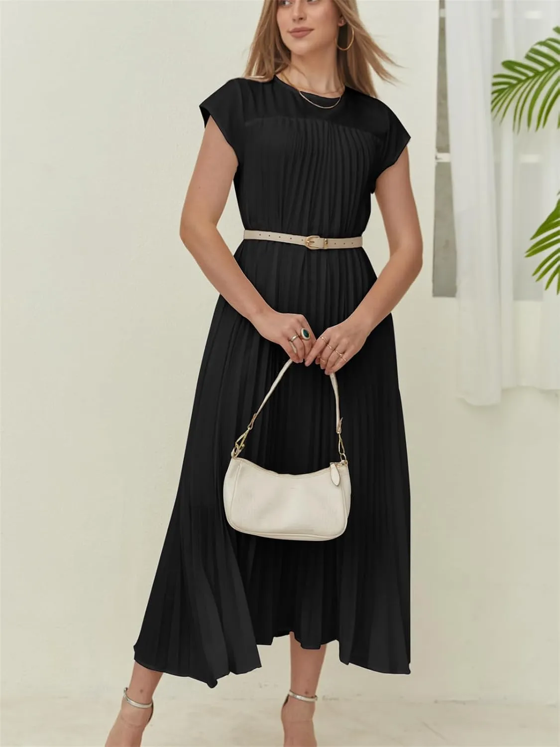 KEOMUD Women Summer Pleated Maxi Dress Casual Short Sleeve Crewneck Flowy Swing Long Dress with Pockets