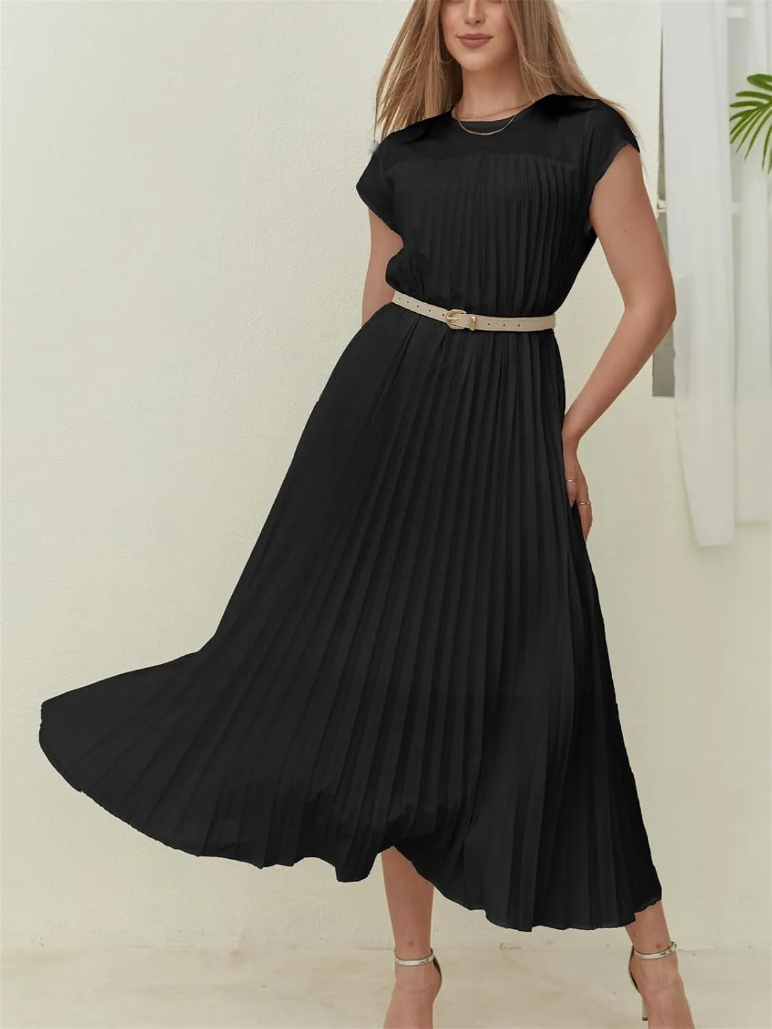 KEOMUD Women Summer Pleated Maxi Dress Casual Short Sleeve Crewneck Flowy Swing Long Dress with Pockets