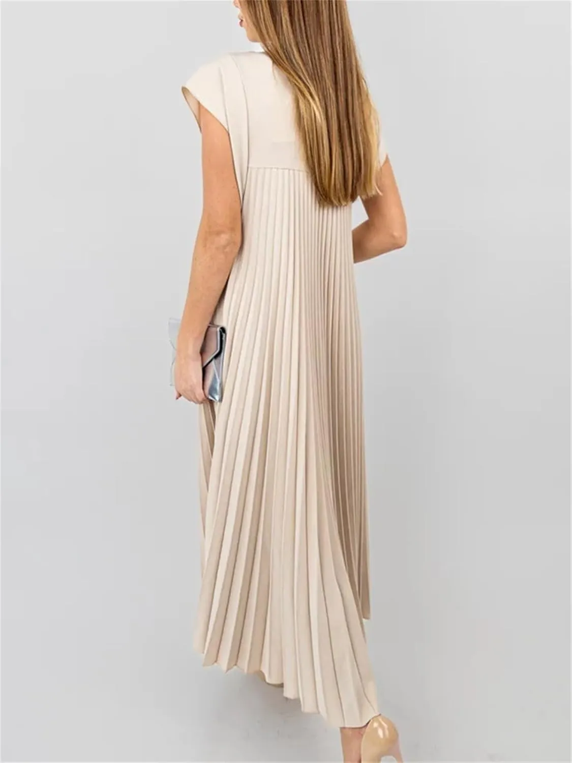 KEOMUD Women Summer Pleated Maxi Dress Casual Short Sleeve Crewneck Flowy Swing Long Dress with Pockets