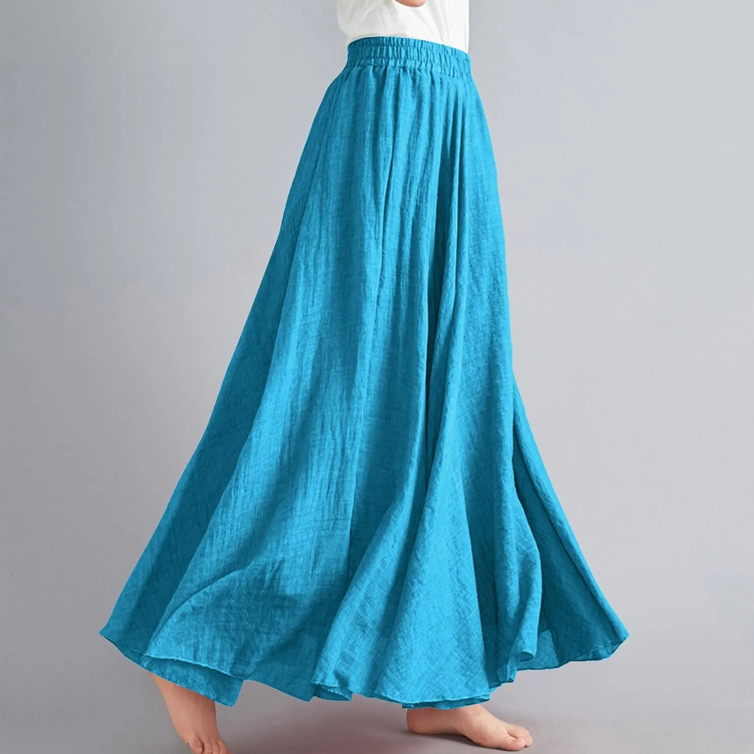 Linen Maxi Skirts for Women Flowy Swing A-Line Skirt Ankle Length Elastic High Waist Summer Beach Vacation Clothes