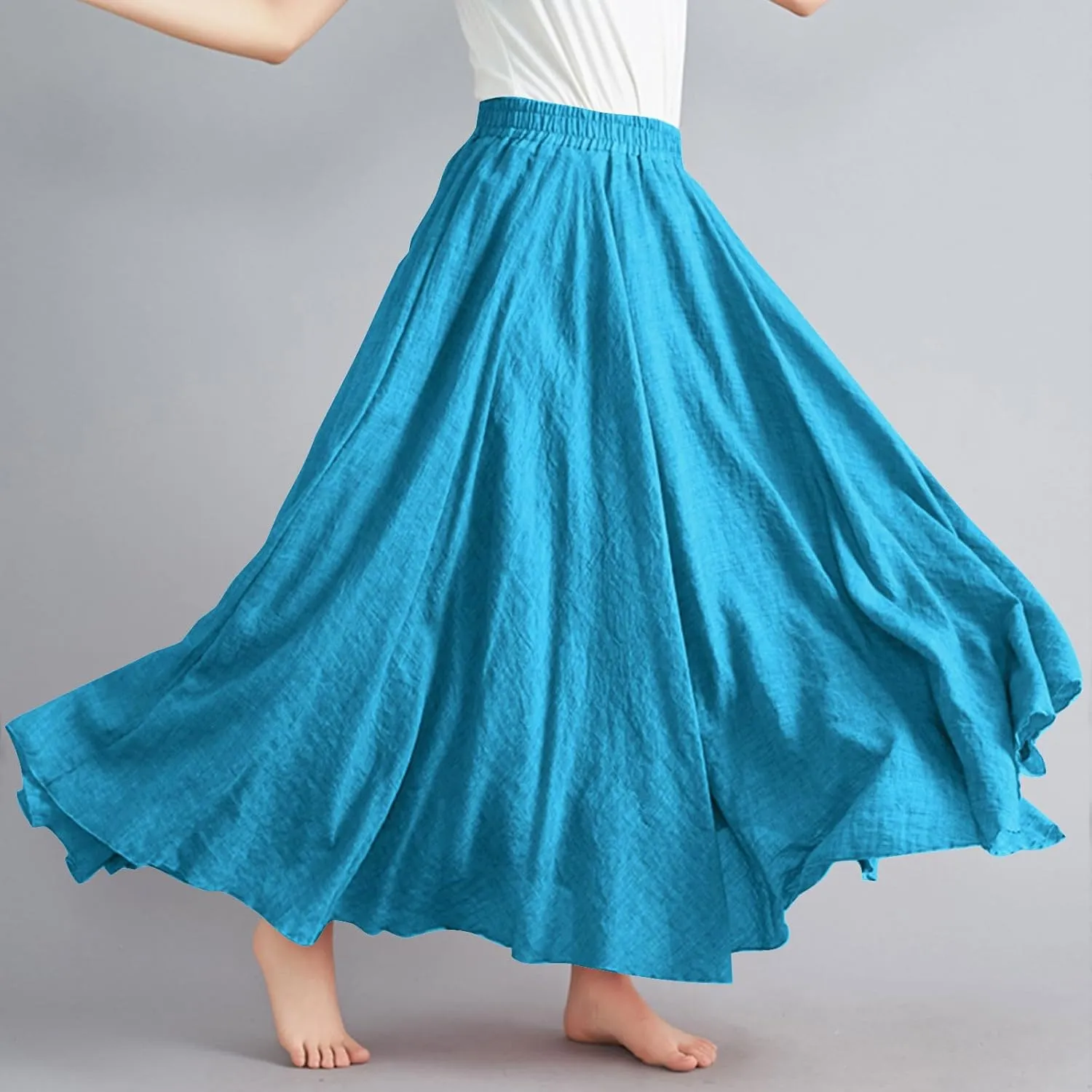 Linen Maxi Skirts for Women Flowy Swing A-Line Skirt Ankle Length Elastic High Waist Summer Beach Vacation Clothes