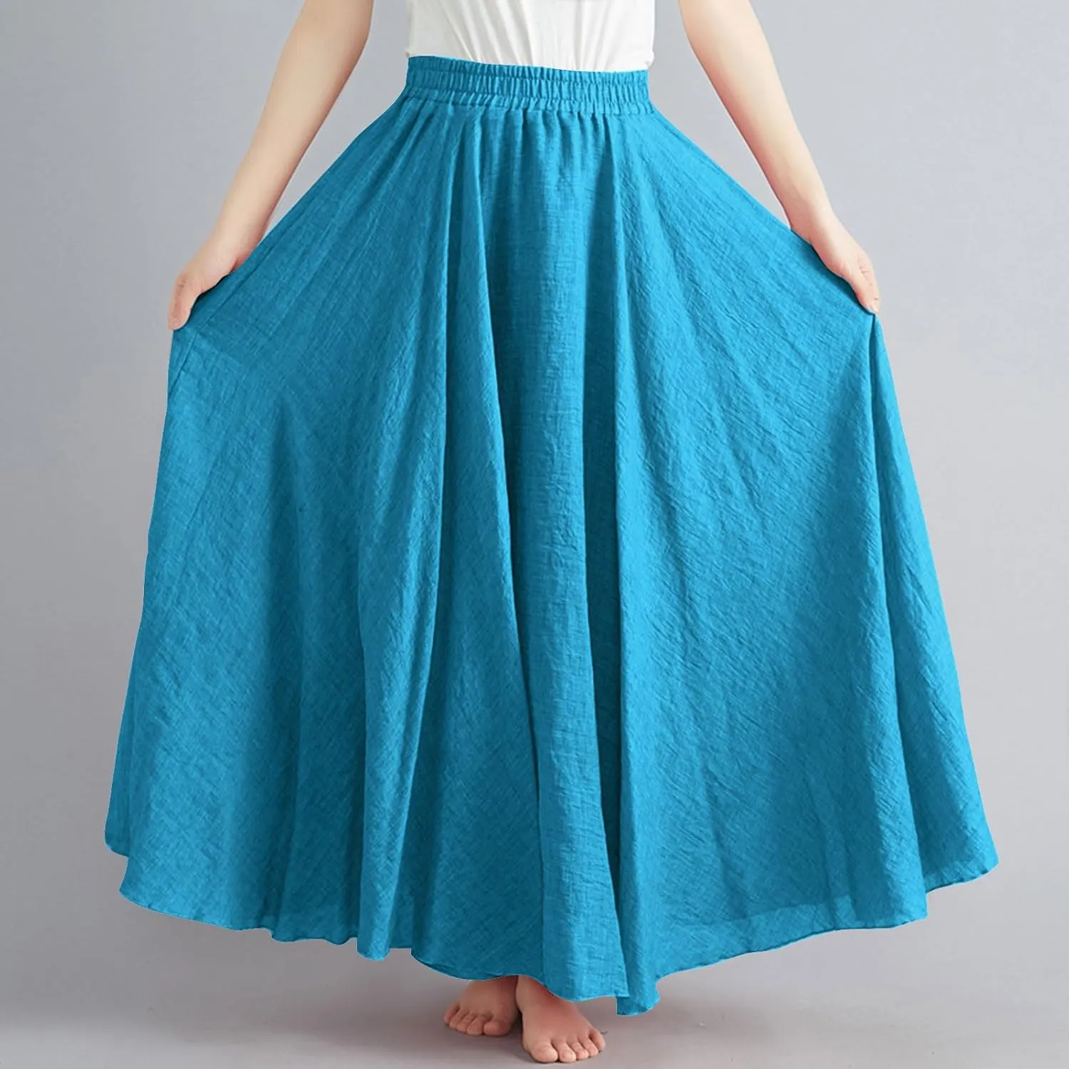 Linen Maxi Skirts for Women Flowy Swing A-Line Skirt Ankle Length Elastic High Waist Summer Beach Vacation Clothes