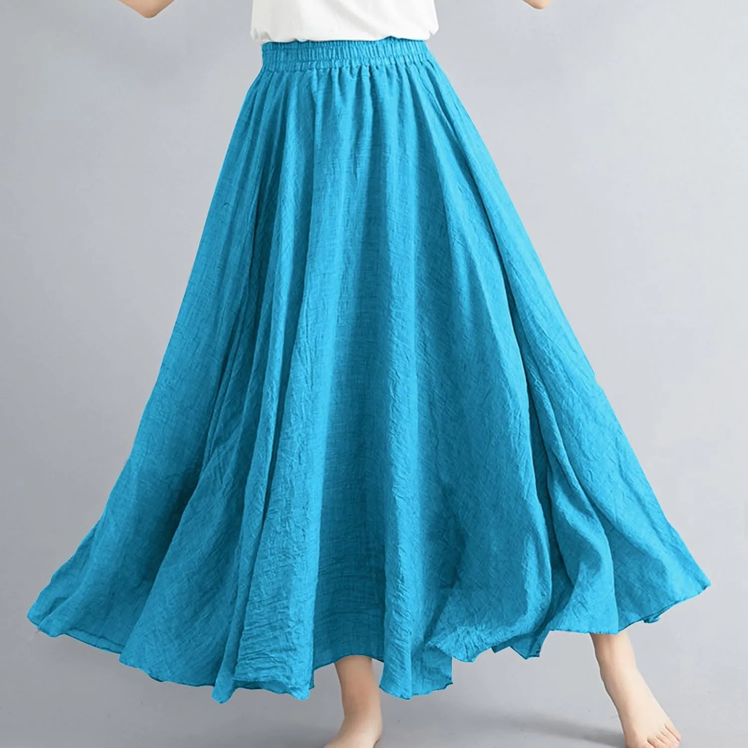 Linen Maxi Skirts for Women Flowy Swing A-Line Skirt Ankle Length Elastic High Waist Summer Beach Vacation Clothes