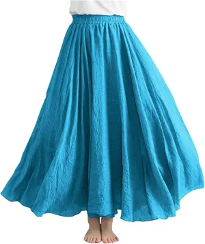 Linen Maxi Skirts for Women Flowy Swing A-Line Skirt Ankle Length Elastic High Waist Summer Beach Vacation Clothes
