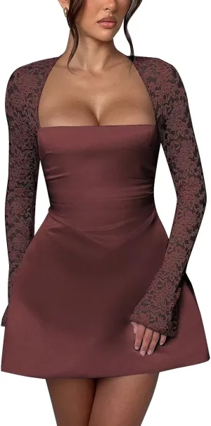 Long Sleeve Mini Wedding Dress Lace Short Homecoming Dresses Satin Cocktail Party Dress