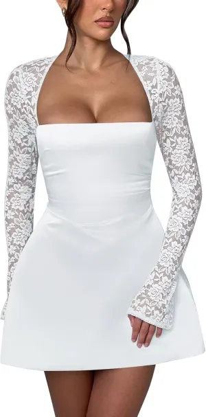 Long Sleeve Mini Wedding Dress Lace Short Homecoming Dresses Satin Cocktail Party Dress