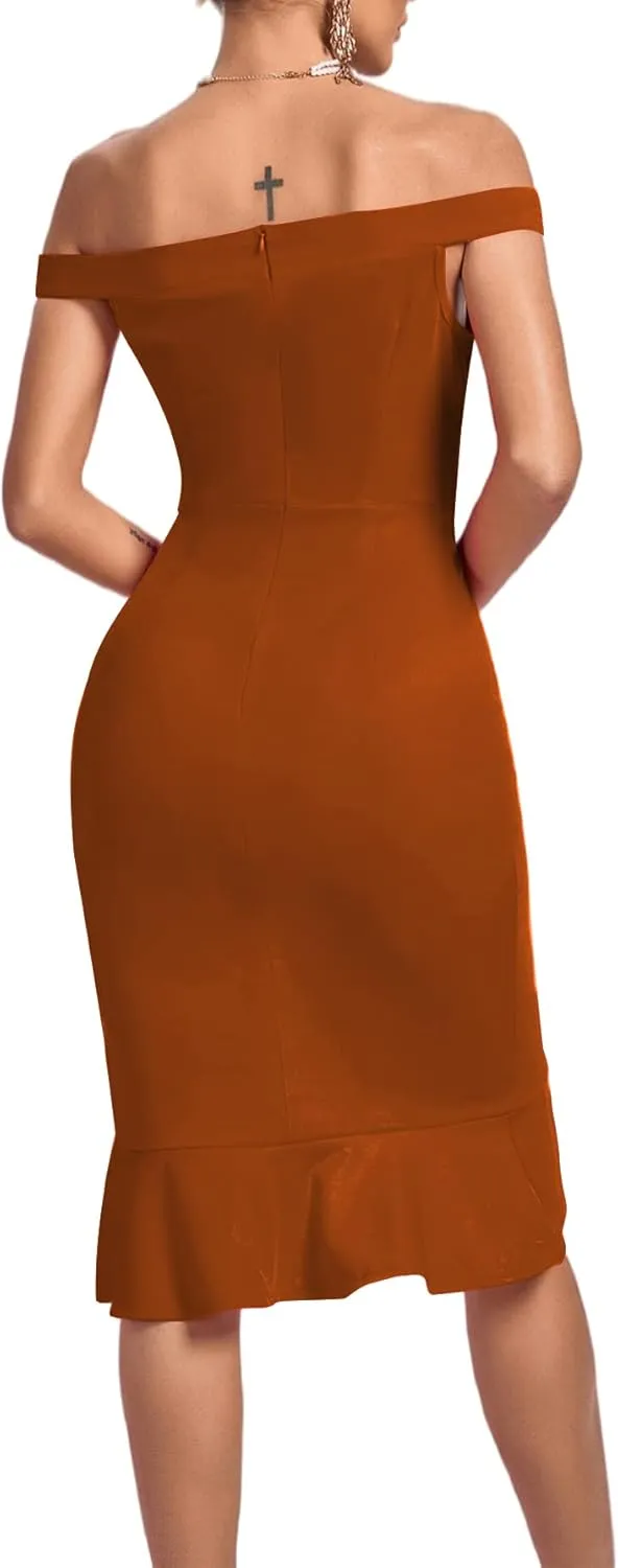 LYANER Women's Off Shoulder Ruffle Split Hem Bodycon Party Club Midi Dress