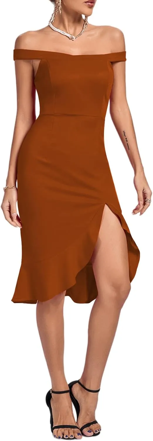 LYANER Women's Off Shoulder Ruffle Split Hem Bodycon Party Club Midi Dress