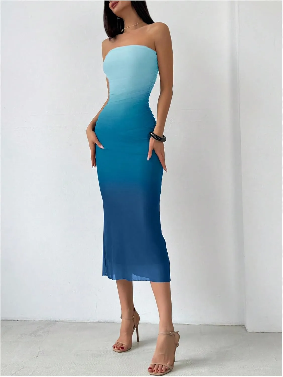 MakeMeChic Women's Strapless Maxi Dress Cocktail Mesh Ombre Bodycon Tube Dresses