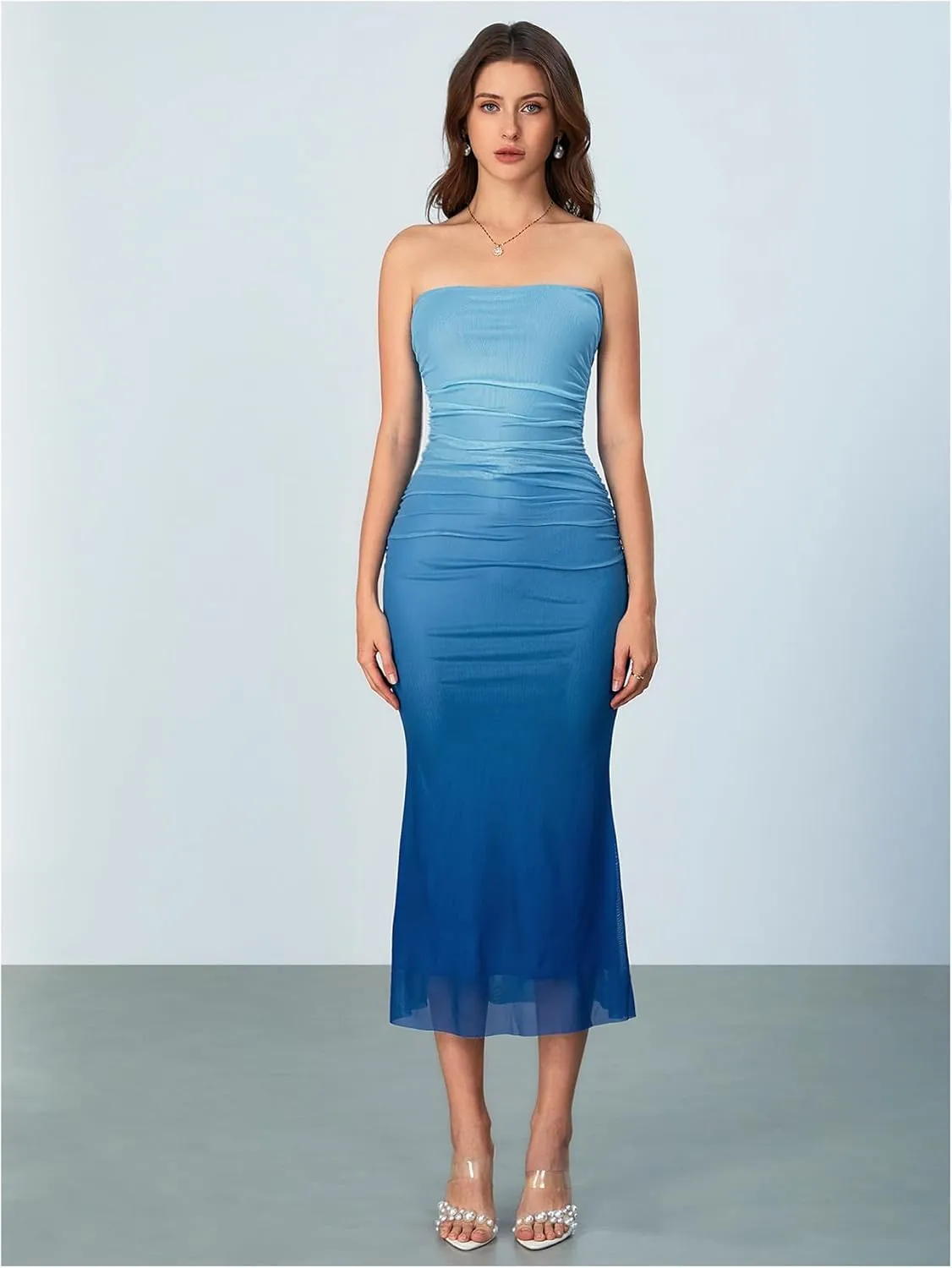 MakeMeChic Women's Strapless Maxi Dress Cocktail Mesh Ombre Bodycon Tube Dresses