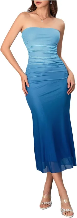 MakeMeChic Women's Strapless Maxi Dress Cocktail Mesh Ombre Bodycon Tube Dresses