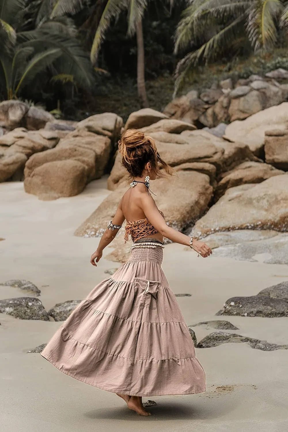 Maxi Boho Skirt Long Pockets Cotton Hippie Bohemian Elastic Waist Gypsy Skirt