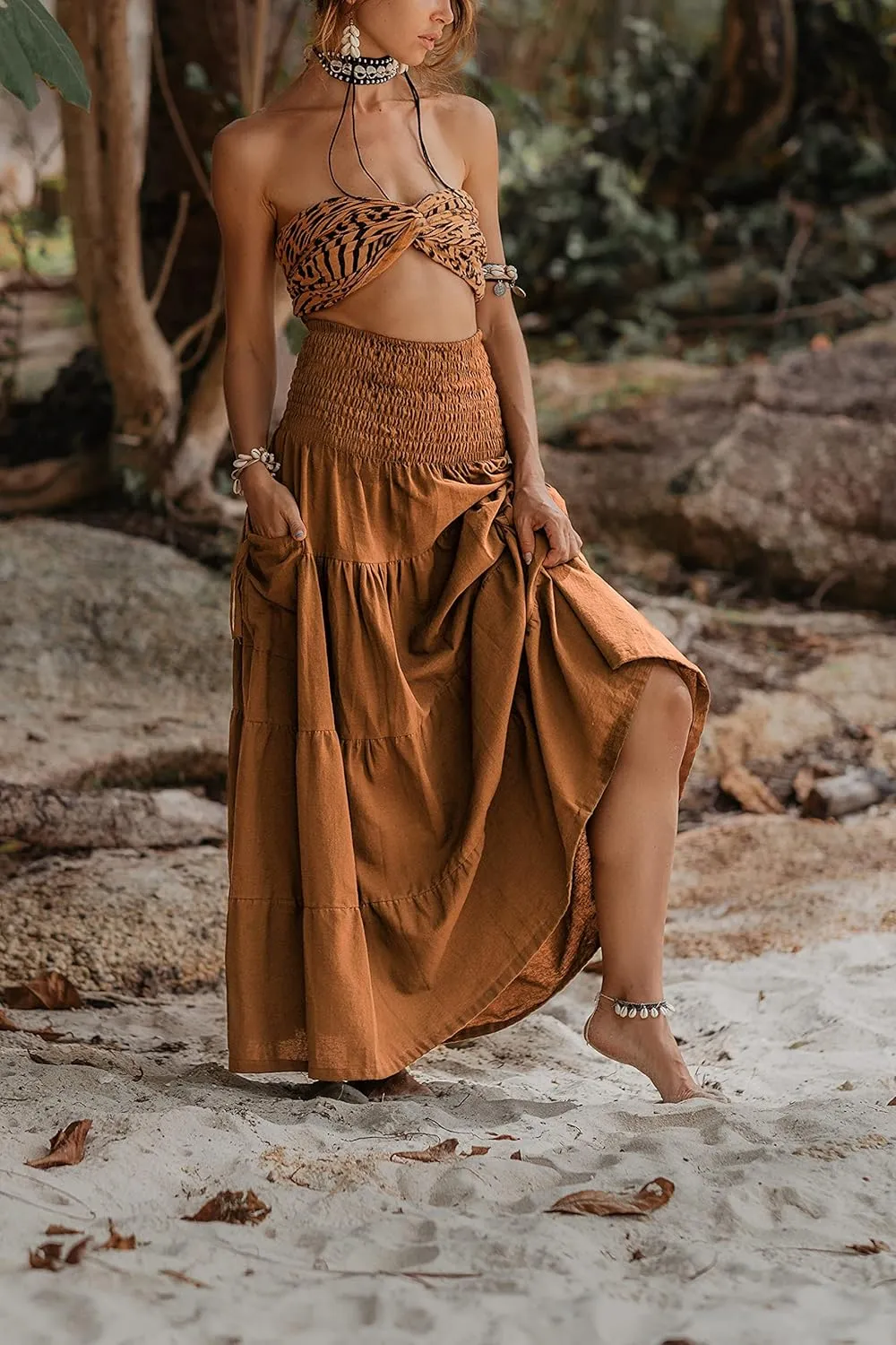 Maxi Boho Skirt Long Pockets Cotton Hippie Bohemian Elastic Waist Gypsy Skirt