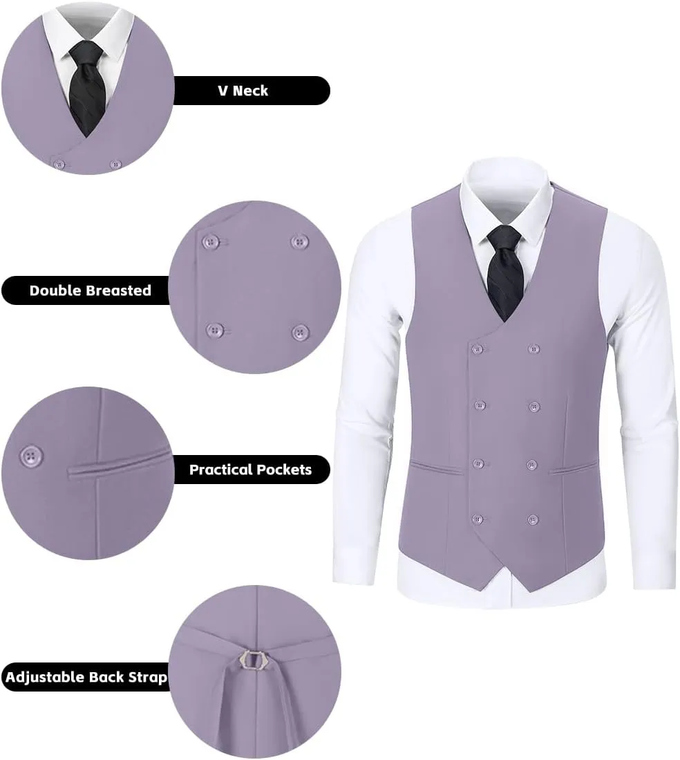 Mens 3 Piece Slim Fit Suit Set, Double Breasted Blazer Vest Pants Business Tuxedo Dress