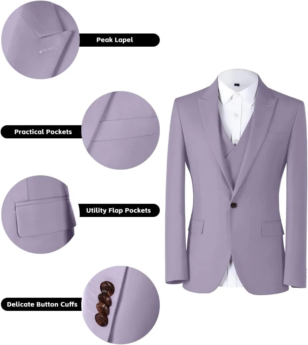 Mens 3 Piece Slim Fit Suit Set, Double Breasted Blazer Vest Pants Business Tuxedo Dress