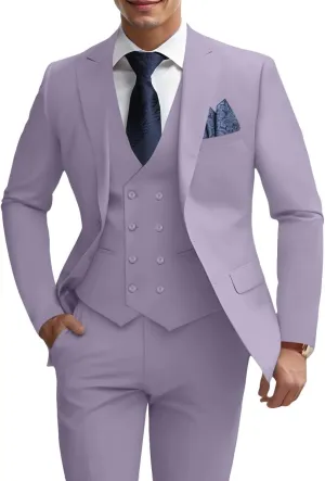 Mens 3 Piece Slim Fit Suit Set, Double Breasted Blazer Vest Pants Business Tuxedo Dress