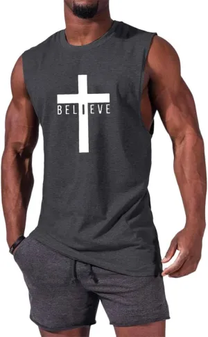 Men's Cotton Graphic Tank Tops Jesus Cross Believe Printed Faith Christian Shirts