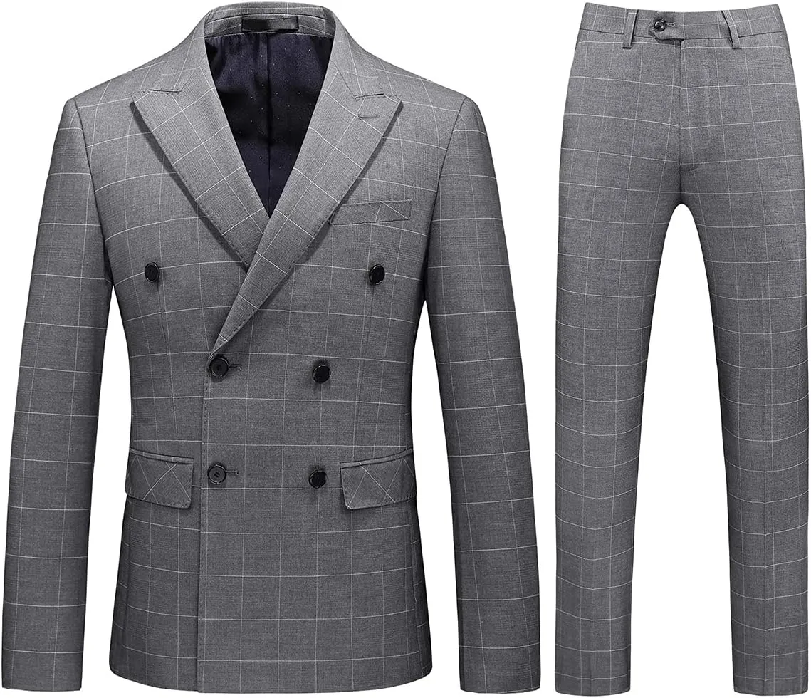 Mens Plaid 3 Piece Suits Slim Fit Double Breasted Plaid Suit Jacket Vest Pants Set Formal