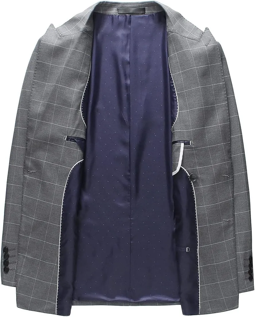 Mens Plaid 3 Piece Suits Slim Fit Double Breasted Plaid Suit Jacket Vest Pants Set Formal