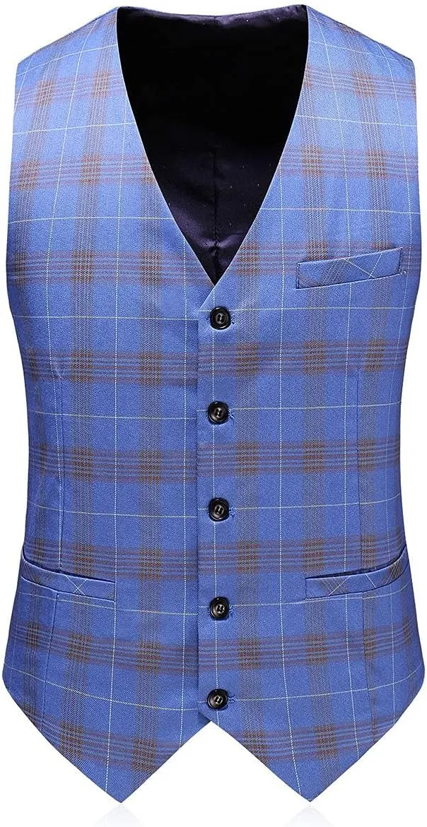 Mens Plaid 3 Piece Suits Slim Fit Double Breasted Plaid Suit Jacket Vest Pants Set Formal